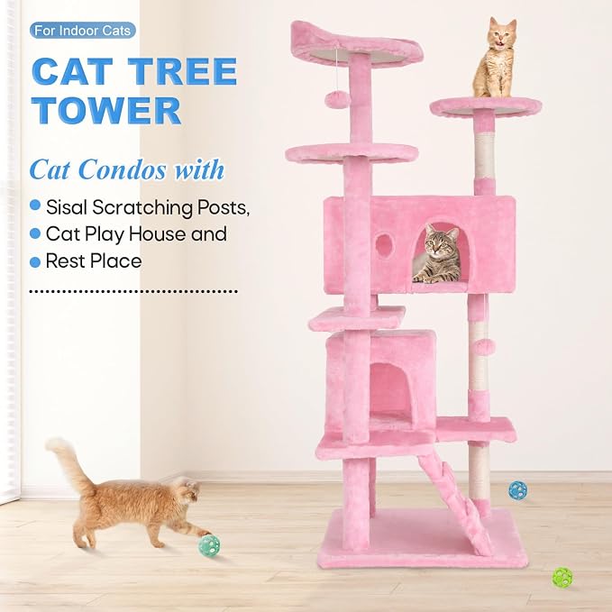 FDW | 54" Cat Tree Tower | Pink | Multi-Level Indoor Activity Center | with Sisal Scratching Posts, Condos, Plush Perches, Hanging Cat Toys | Sturdy, Easy to Assemble | for Kittens & Adult Cats