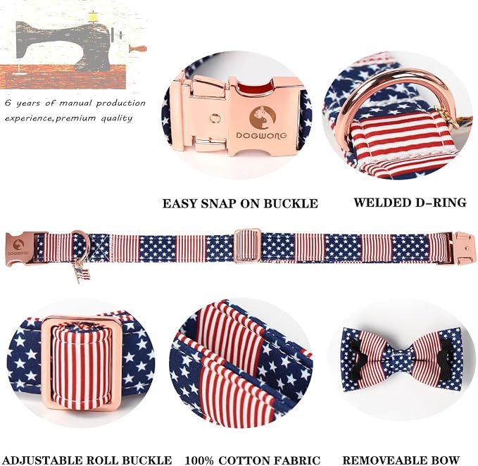 DOGWONG American Flag Dog Collar, 4 of July Dog Bow Collar Heavy Duty Adjustable Patriotic Dog Collar with Bowtie for Small Medium Large Dogs