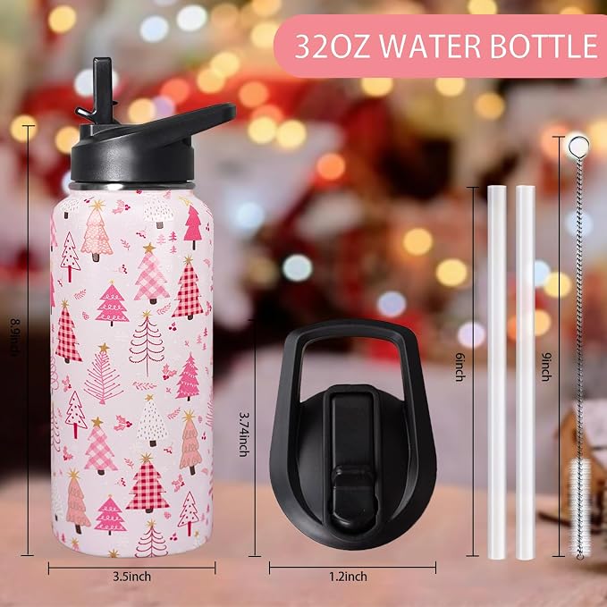 32oz Christmas Tree Insulated Aater Water Bottle with Straw,Pink Gym Hiking Sports Coffee Mug Cup Water Bottles,Christmas Gifts for Women,Christmas Decor Stuff Accessories
