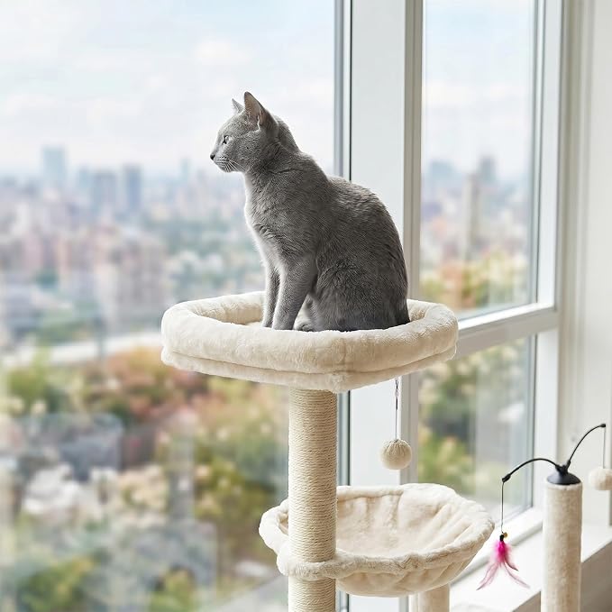 YUNIQUE Multi-Functional Cat Tree Tower, Big Cat Condo with Scratching Board, Rotating Toy & Deep Hammock, Luxury Perch Kitty Furniture for Indoor Cats (White)