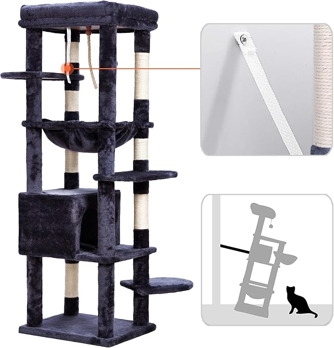 Heybly Cat Tree for Large Cats, 20lbs Heavy Duty, 60 inches HCT050G | Cat Tower for Indoor Cats with Big Padded Plush Perch, Multi-Level Furniture Condo with Cozy Basket, Smoky Gray