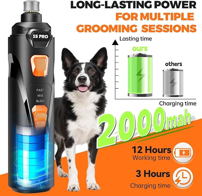 Whisper Quiet Dog Nail Grinder Safe & Stress-Free for Sensitive Dogs Cats | 4 LED Lights,3 Grinding Bits, 3-Speed, Pet Nail Trimmers, Rechargeable Painless Grooming Kit for All Breeds & Sizes