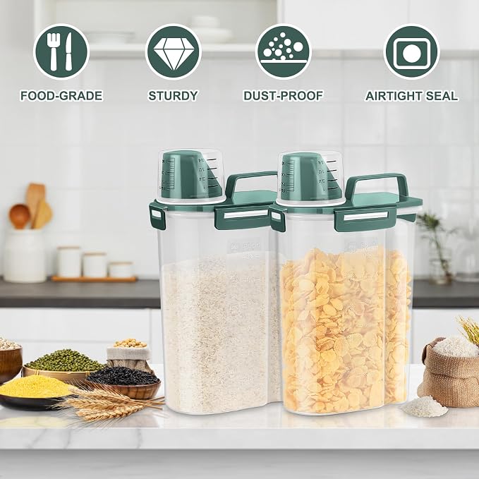 TBMax Rice Storage Container 3 to 5 Lbs - Small Pet Dog Cat Food Container Dispenser with Easy Pouring Spout & Cup, Portable Cereal Container for Small Spaces, Travel, or Daily Use -Dark Green