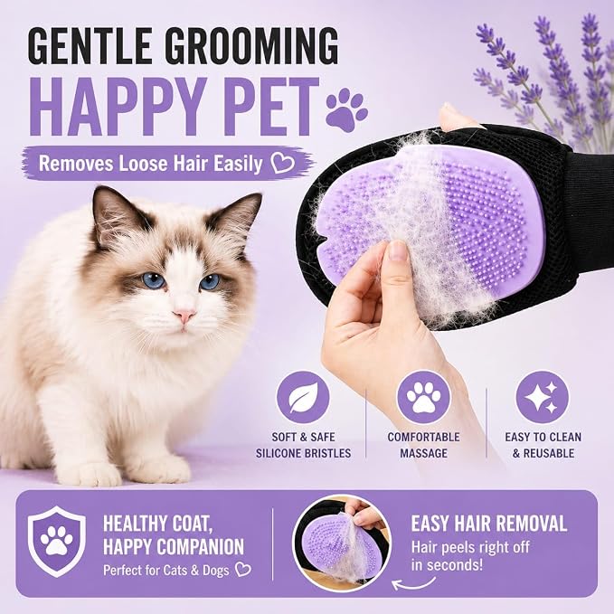 Pet Grooming Gloves for Dogs & Cats – Double Sided Deshedding Glove, Hair Remover & Massage Brush for Shedding Fur (Lavender)