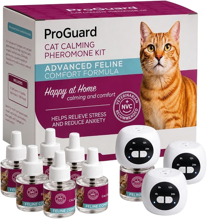 ProGuard® Cat Calming Diffuser Kit with Timer – Advanced Support to Reduce Stress, Spraying, Scratching, Fighting and Hiding – Cat Pheromone Diffuser 9-in-1 with 3 Diffusers with Timer + 6 Refills