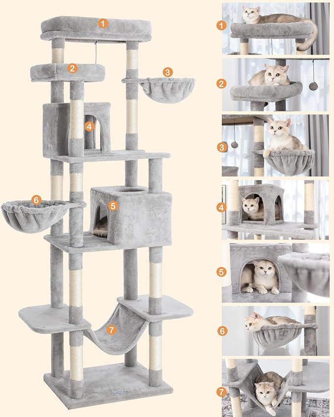 Cat Tree, 81-Inch Tall Cat Tower with Scratching Post, Plush Multi-Level Cat Condo with 2 Perches, 2 Caves, 2 Basket, Hammock for Indoor Cats Light Grey