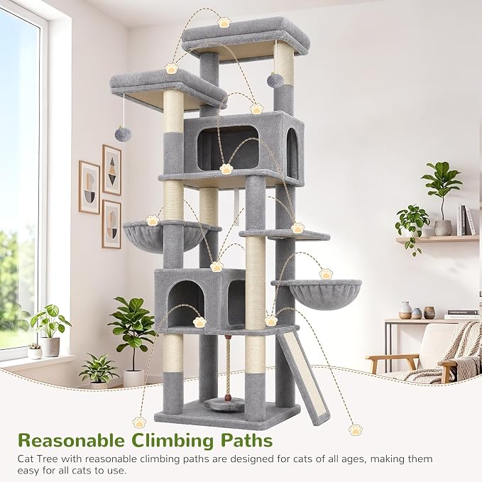 Globlazer 75in Tall Cat Tree Tower for Indoor Cats, F75B, Beige | Large Cat Tree for Indoor Cats Large Adult, Multi-Level Cat Tower with 7 Scratching Posts, 2 Cat Condos, 2 Top Perches