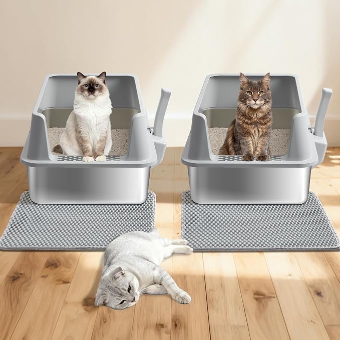 Stainless Steel Cat Litter Box with Lid,XL Extra Large Litter Box | Metal litter box for Big Cats with High Sided,2Pack,Non-Sticky,Easy Cleaning, Include Litter Mat & Scoop,23x14.6x9.9in