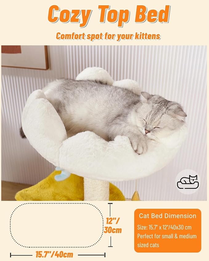 Cloud Cat Tree, 31.5in Multi-Level Indoor Cat Tower with Scratching Posts, Viewing Perch, Removable & Washable Cushions, Cat Activity Tree with Dangling Toy | Removable & Washable Cat Bed, Cat Activity Tree, Cute Dangling Toys, Easy To Clean, Stable St...