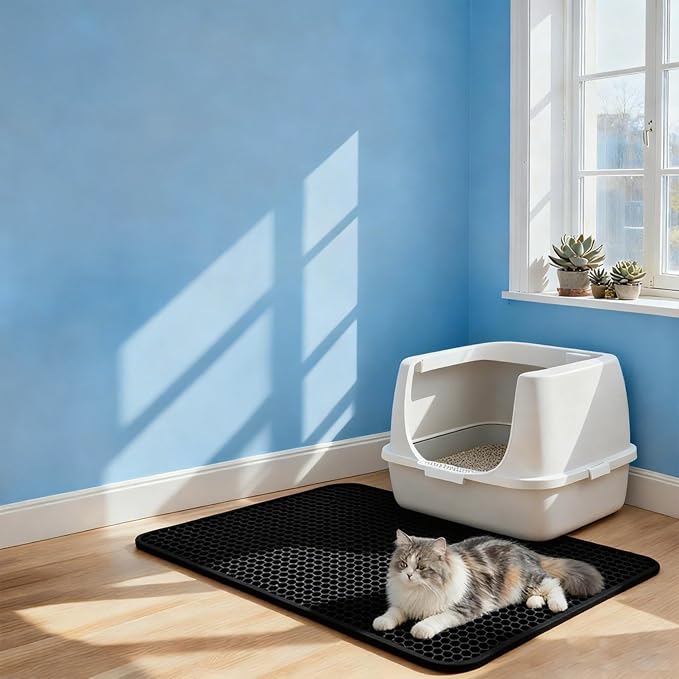 Cat Litter Mat Cat Litter Trapping Mat, 30 x 22 inch Honeycomb Double Layer Design, Urine and Water Proof Material, Scatter Control, Less Waste, Easier to Clean, Washable black