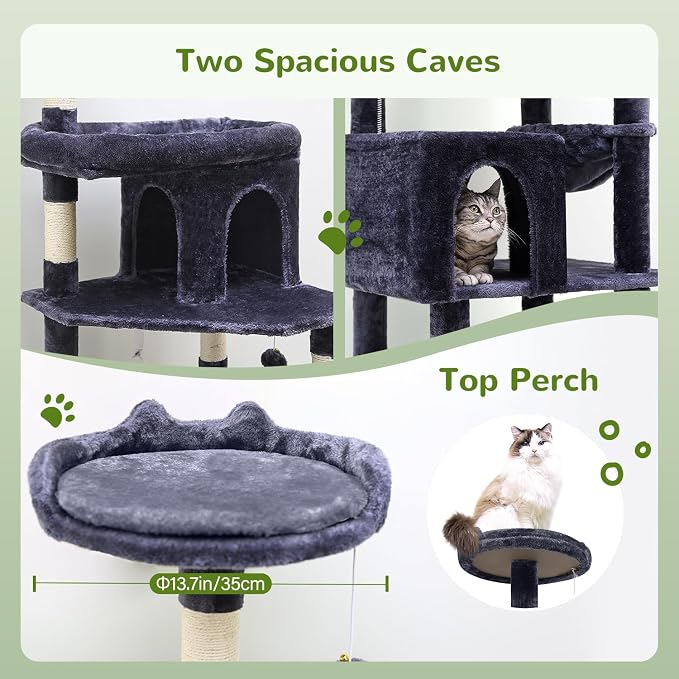 Globlazer Heavy Duty Cat Trees for Large Cats, Sturdy 72in Maine Coon Cat Tree for Large Cats 20 lbs+ Heavy Duty Cat Tower for Adult Biggest Cat with 6 Scratching Posts, Hammock, S72, Dark Gray