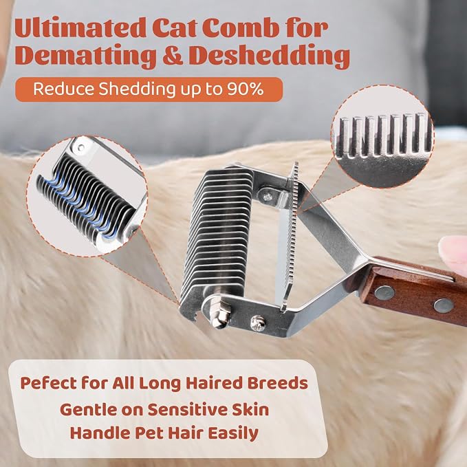 Pet Brush for Dematting & Deshedding, Professional Cat Grooming Brush | Dog Grooming Brushes with Wood Handle, Shedding Comb for Indoor Cats & Long Haired Cat Dog Pet