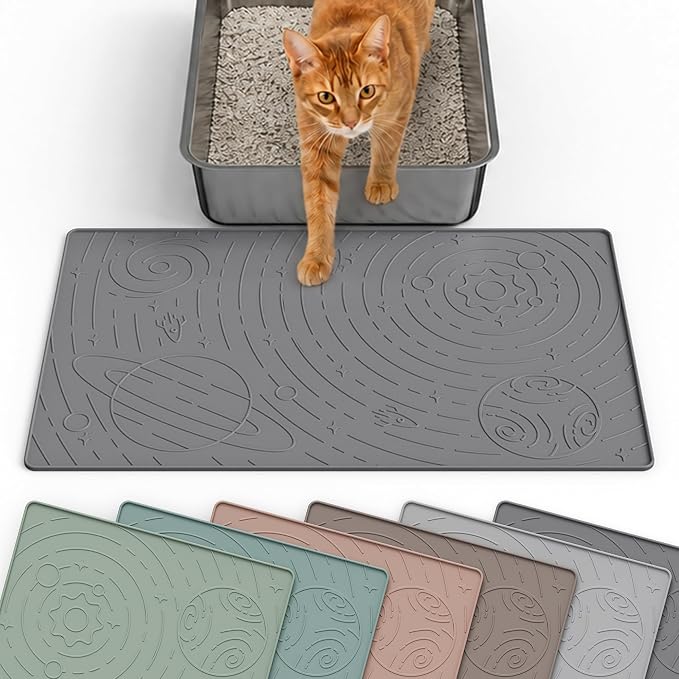 OHMO Cat Litter Mat Small 18.9x11.8in, Dark Grey Silicone Rubber Scatter Control Kitty Litter Box Trapping Mat, Waterproof Easy to Clean, Odorless Pet Supplies, Indoor Cat Essentials