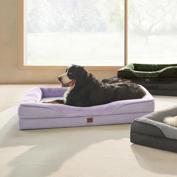 EHEYCIGA Orthopedic Dog Bed for Large Sized Dog, 36x27 Inch Large Memory Foam Dog Couch Bed with Sides, Waterproof Liner & Washable Removable Cover, Bolster Pet Sofa, Purple