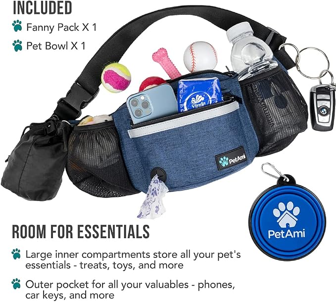 PetAmi Dog Fanny Pack, Treat Pouch for Dog Walking Training, Navy Blue | Built in Poop Bag Dispenser, Water Bottle Holder, Collapsible Bowl, Pet Treat Waist Belt for Hiking Running Kibbles