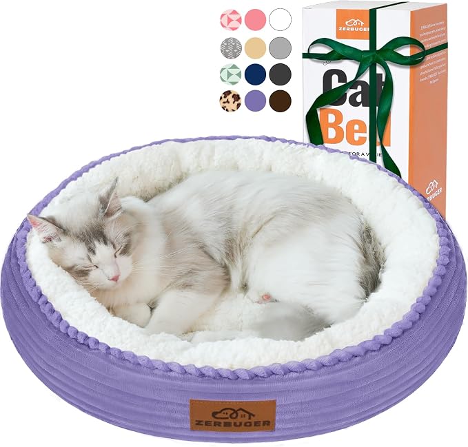Zerbuger 20in Violet Round Cat Dog Bed Gift for Large Medium Small Dogs Cats, Machine Washable Sleeping Sofa, Non-Slip Bottom Breathable Soft Calming Pet Cuddler for Indoor/Outdoor/Car/Cage