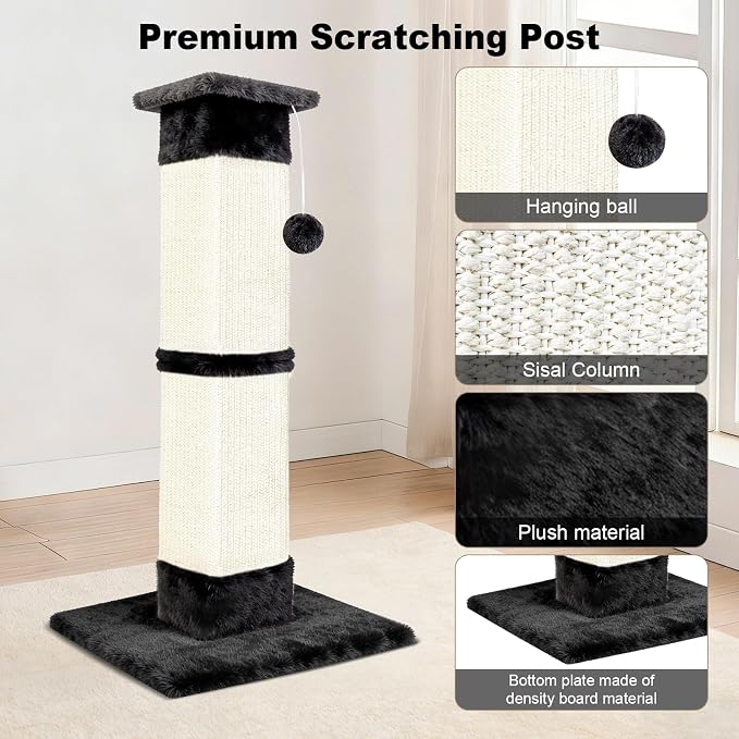 Cat Scratching Post 33 inch for Indoor Cats, Sisal Cat Scratcher, Vertical Posts with Dangling Ball, High Cat Scratch Post, Cat Tree for Full-Body Stretching, Protect Your Furniture, Black