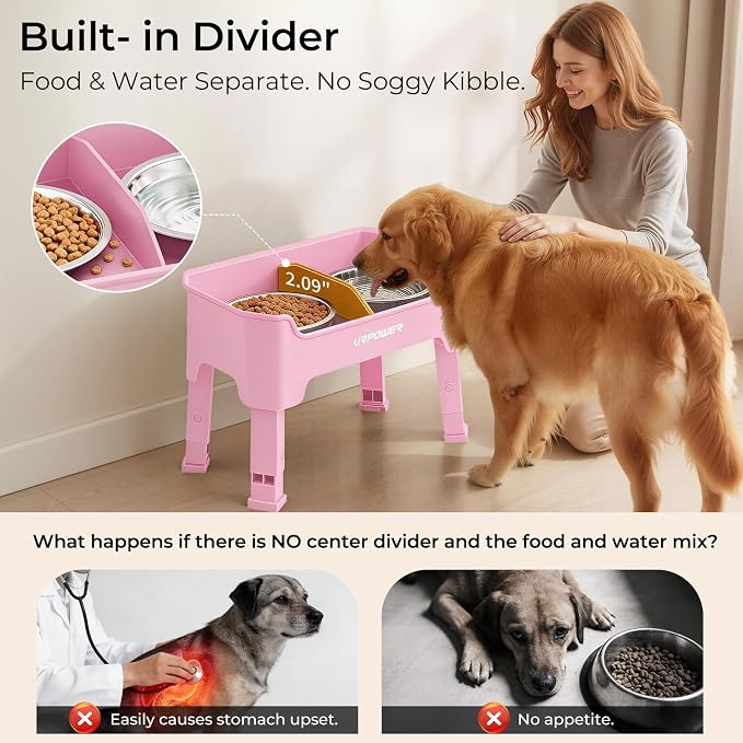 URPOWER Mess Proof Elevated Dog Bowls 4 Height Adjustable Raised Bowl Stand with 2 Stainless Steel Dog Bowls Non-Slip Food and Water Bowl Set for Small, Medium, Large Dogs, Pink