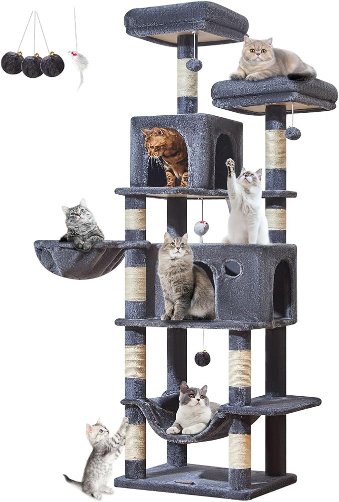 Taoqimiao Large Cat Tree, 73 in Tall Cat Tower with 2 Plush Big Cat Condos | 9 Scratching Posts, 2 Top Perches, Cozy Hammock & Basket, Indoor Cats, 2 Pompoms & Mouse Toy, Smoky Gray, MS013XLG