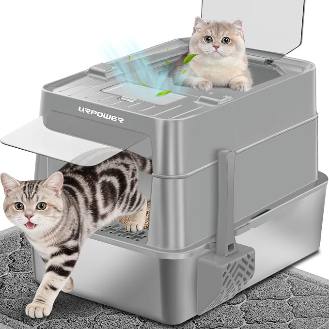 URPOWER Stainless Steel Cat Litter Box with 110° Flip-Top Lid, XL Enclosed Metal Litter Box for Large Cats, Odor Control, Anti-Urine Leakage, Non-Stick Pan, Front Entry Top Exit, Scoop & Mat Included