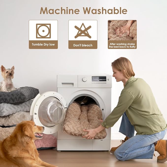 EHEYCIGA Washable Dog Bed for Crate 36x27 Inch, Anti-Slip L Plus Kennel Pad for Dogs Up to 55 lbs, Plush and Comfy Pet Sleeping Mat, Camel