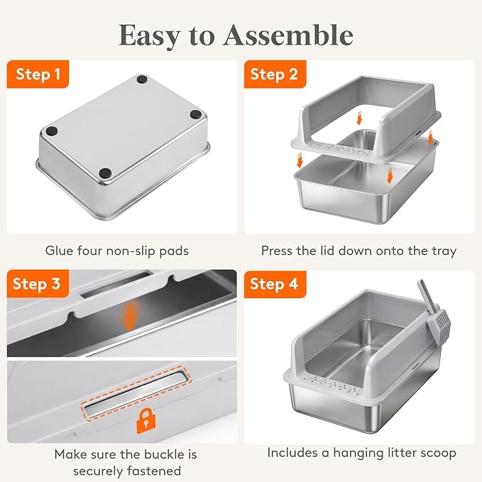 Lifewit Stainless Steel Litter Box, XL Metal Cat Litter Tray with Non-Slip Pads, Anti-Leakage Top Entry and High Sided, Easy to Clean, 22.8"×15"×10.2", Gray