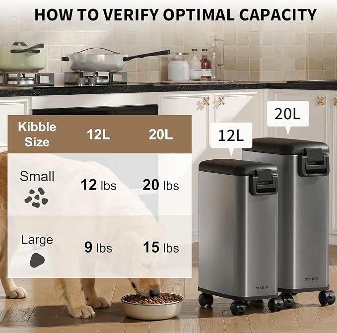 MRBIN Pet Food Storage Bin, Dog Food Bin 12L with Scoop Airtight Pet Food Container Stainless Steel with Wheels, Eclipse Grey