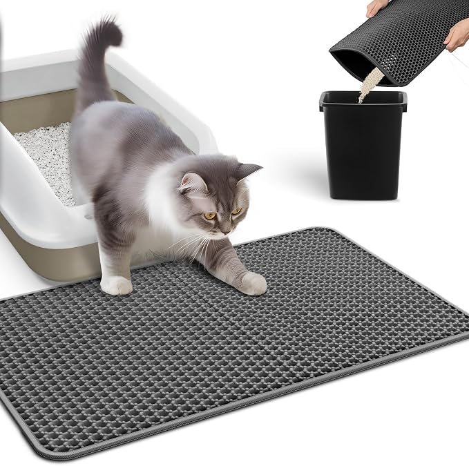 Powools Cat Litter Mat, 23.2 x 14.6 in, Waterproof, Non-Slip, Dark Gray | Litter Trapping Mat, Easy to Clean, Litter Box Mat, Urine-Proof, Cat Toilet Training Systems Accessories, Indoor Cats
