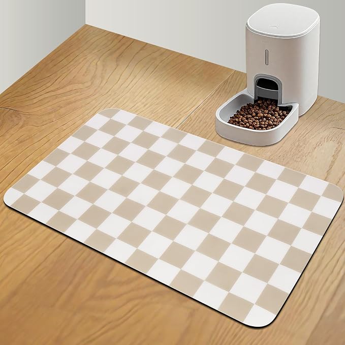 CooRug Checkered Dog Food Mat, Pet Feeding Mat 24" L x 16" W, Beige | Absorbent, Leak-Proof, Anti-slip, Quick Dry, Eco-friendly Materials, Easy to clean and store, For Messy Drinkers