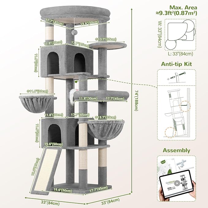 Globlazer Maine Coon Corner Cat Tree for Indoor Cats 74in, C74, Light Grey | Tall Heavy Duty Cat Tower for Large Multiple, 2 Big Platforms, 2 Extra Large Cat Condos, 2 Baskets, Sisal Scratching Board