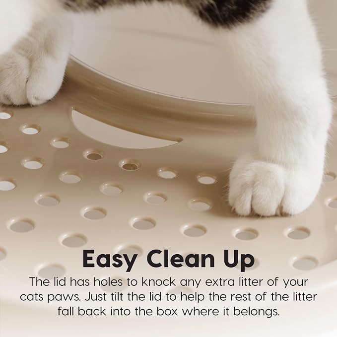 IRIS USA Large Top Entry Cat Litter Box with Lid, Enclosed Covered Cat Litter Box for Indoor Cats, Dog Proof Design, Odor Control, Litter Tracking Reduction, Scoop Included, White/Beige