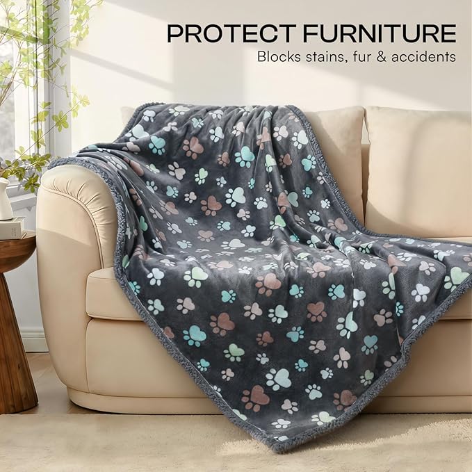 Luciphia Waterproof Pet Blankets for Couch Sofa Bed Cover Cat Liquid Pee Proof Washable Soft Fluffy Large Dog Blanket Reversible Furniture Protection Puppy Grey Paw Thicken Medium（57" x 40"）