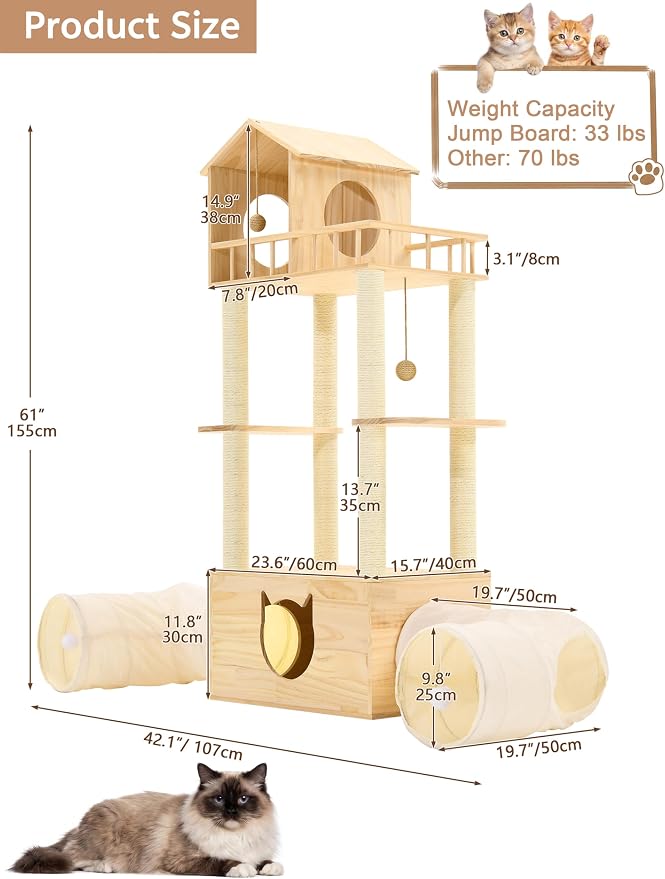 Wood Cat Tree with 2 Tunnels, 61''H Cat Tower for Adult Large Cats | Sturdy & Durable Pet Climbing Systems for Indoor, Multi-Level Wooden Tower with Scratching Posts, Runway, Burlywood