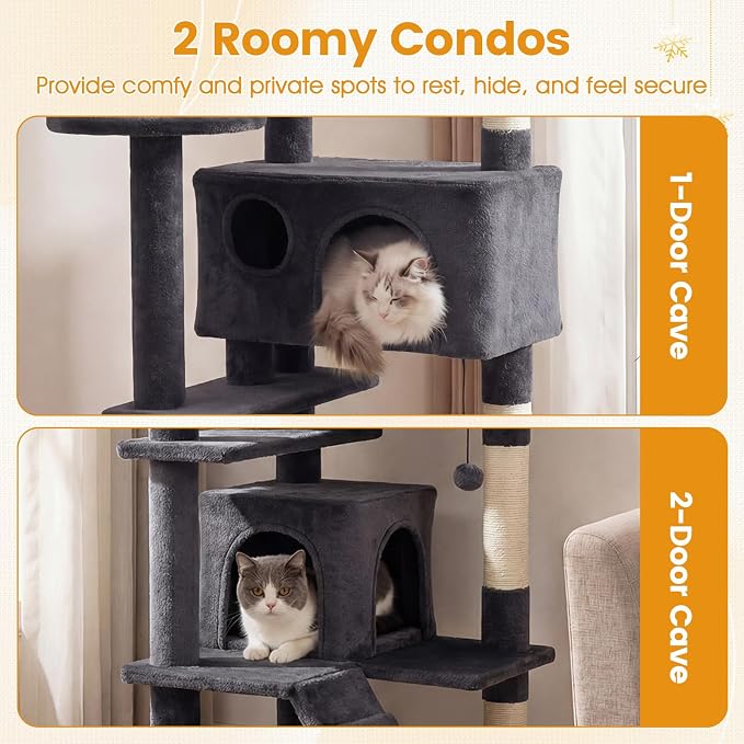 52-inch Cat Tree, Multi-Level Cat Tower with Sisal Scratching Posts, 2 Comfy Condos, Plush Padded Soft Top Perch, Dangling Balls, and Climbing Ladder, Ideal for Indoor Cats (Dark Grey)