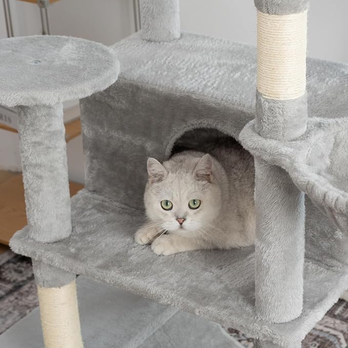 Multi-Level Cat Tree,69 Inches Tall Cat Tower with 2 Plush Condos,Hammock and Plush Perch, Scratching Posts and Pompoms,Gray Cat House for Indoor Cats