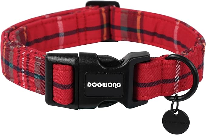 DOGWONG Christmas Cotton Dog Collar, Heavy-Duty Red Plaid Dog Collar Durable Soft Fabric Pet Dog Collars Cute Christmas Red Grid Puppy Necklace for Small Medium Large Dogs,L