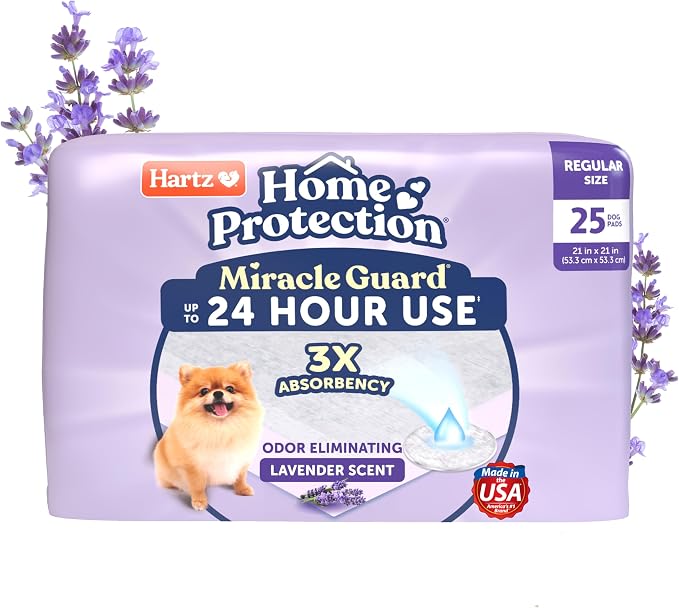 Hartz Miracle Guard Dog and Puppy Dog Pads Max Absorbency 24 Hour Use Odor Eliminating Lavender Scented No Leaks, Regular Size 25 Count