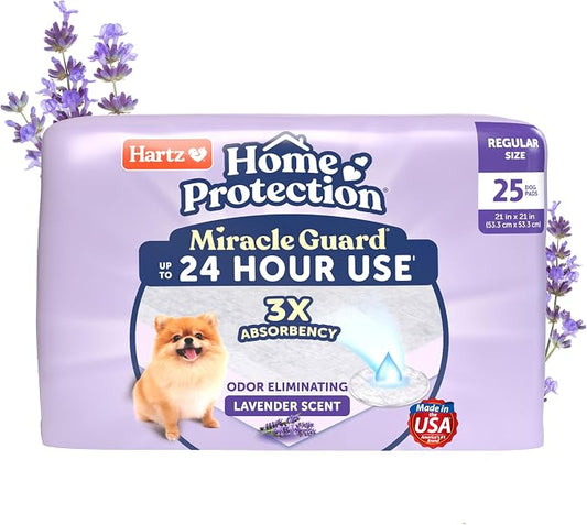 Hartz Miracle Guard Dog and Puppy Dog Pads Max Absorbency 24 Hour Use Odor Eliminating Lavender Scented No Leaks, Regular Size 25 Count