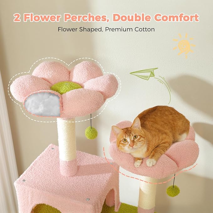 PAWZ Road Flower Cat Tree 72" Cat Tower with Condos&Hammock for Large Cats | cute cat tree in pink&green, 20"×16" hammock for adult cats, 7 scratch posts + pad, dual condos&perches for multi-cats