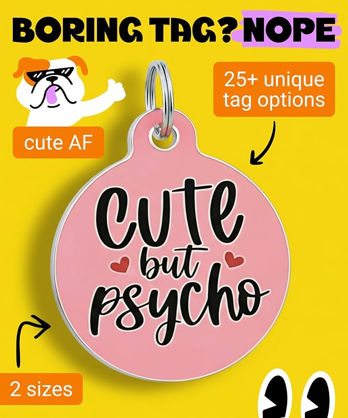 Bad Tags Personalized Dog and Cat ID Tags in 25+ Designs and 2 Sizes - 5 Lines of Custom Engraved Text - Funny Cute Personalized Pet Tags (Cute But Psycho, Large (1.25 inch))