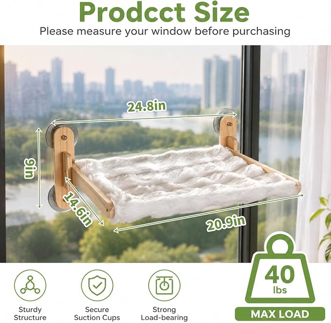 Foldable Cat Window Perch,Cat Hammock Bed with Wood Frame,Washable Soft Rabbit Fur Cover,Strong Suction Cup,Window Seat for Kitten, Indoor Cats, Birds Watching