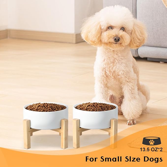 SPUNKYJUNKY Ceramic Elevated Dog Bowls 2 Pack - 5.1inch Raised Dog Bowls with Non-Slip Wooden Stand for Small Dogs Dishwasher Safe(White,13.5OZ*2)