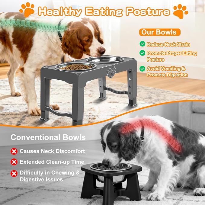 COMESOON Elevated Dog Bowls, 5 Adjustable Heights (3.9"-13.4") Raised Dogs Food Bowl Stand for Medium Large Sized Dogs, Non-Slip Foldable Travel Pet Feeder Grey with Stainless Steel Bowls