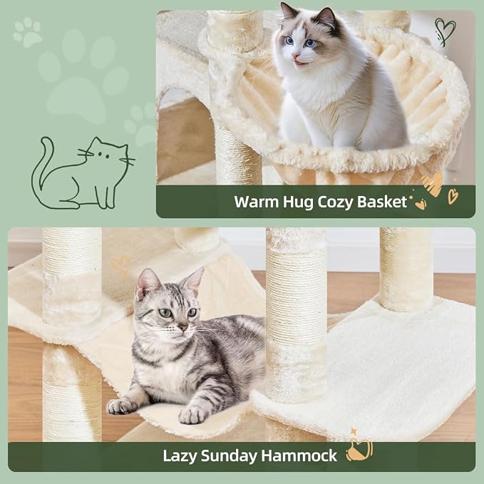 Taoqimiao Heavy-Duty Cat Tree, 71 in Cat Tower for Large Cats 20lbs+ | 3 Giant Multi-Tier Perches, Widened Cat Condo with 9 Scratching Posts, Plush Hammock & Basket, Toys, Beige, MS034M