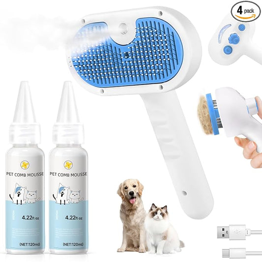 Pet Steam Brush for Dog & Cat - 3-in-1 Steam Grooming Brush for Shedding & Hair Removal - Self Cleaning Spray Comb with Mist for Long Haired Pets - Includes 2*Waterless Shampoo, Blue.