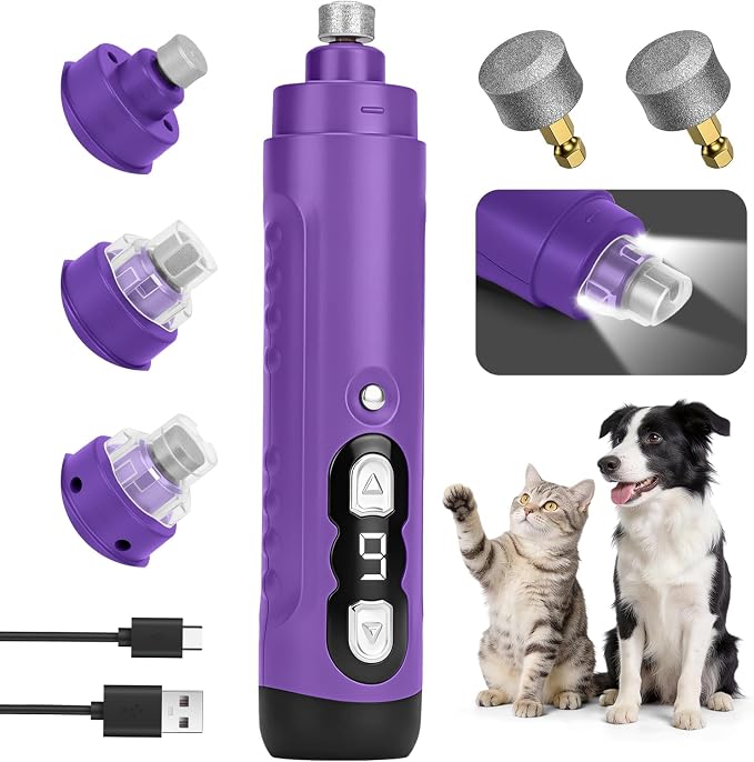 Quiet Dog Nail Grinder Clippers, 9-Speed Pet Nail Trimmer with LED | Low noise, Safety sensor guard, 2 LED lights, USB rechargeable, Professional grooming, Sensitive paws, Dogs cats all breeds