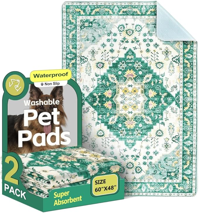 Washable Pee Pads for Dogs, 2 Pack Reusable Puppy Training Pads 60"x48" Super Absorbent Waterproof Dog Training Pads, Non-Slip Potty Pads, Whelping Pads Litter Mat Green Medallion