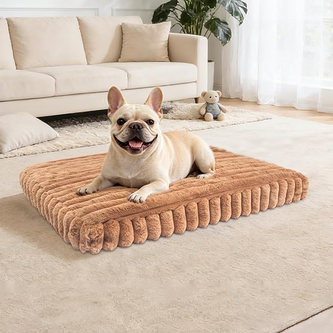Dog Crate Bed Khaki 34.6"x22.8" | Flat Dog Crate Bed Waterproof for Meduim Large Dogs Pet Beds with Plush Removable Washable Cover Anti Slip Bottom for Indoor