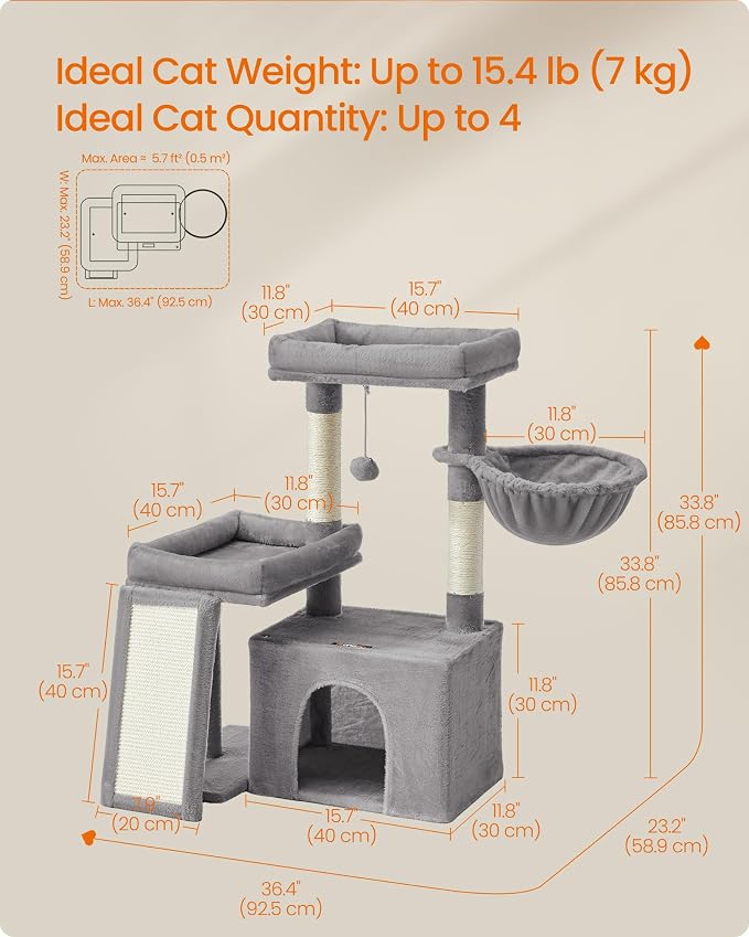Feandrea Cat Tree, Cat Tower Condo with Scratching Posts and Ramp, 2 Large Perches, Cave, Basket, 33.8 Inches Tall, Dove Gray UPCT013GD02S
