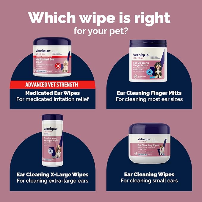 Vetnique Oticbliss Dog & Cat Ear Wipes, Finger Mitt Ear Cleaner for Odor | Dual-Sided Finger Mitt Ear Cleaning & Grooming Wipes With Salicylic Acid & Aloe Vera, Remove Wax, Dirt & Odor, Cat-Safe